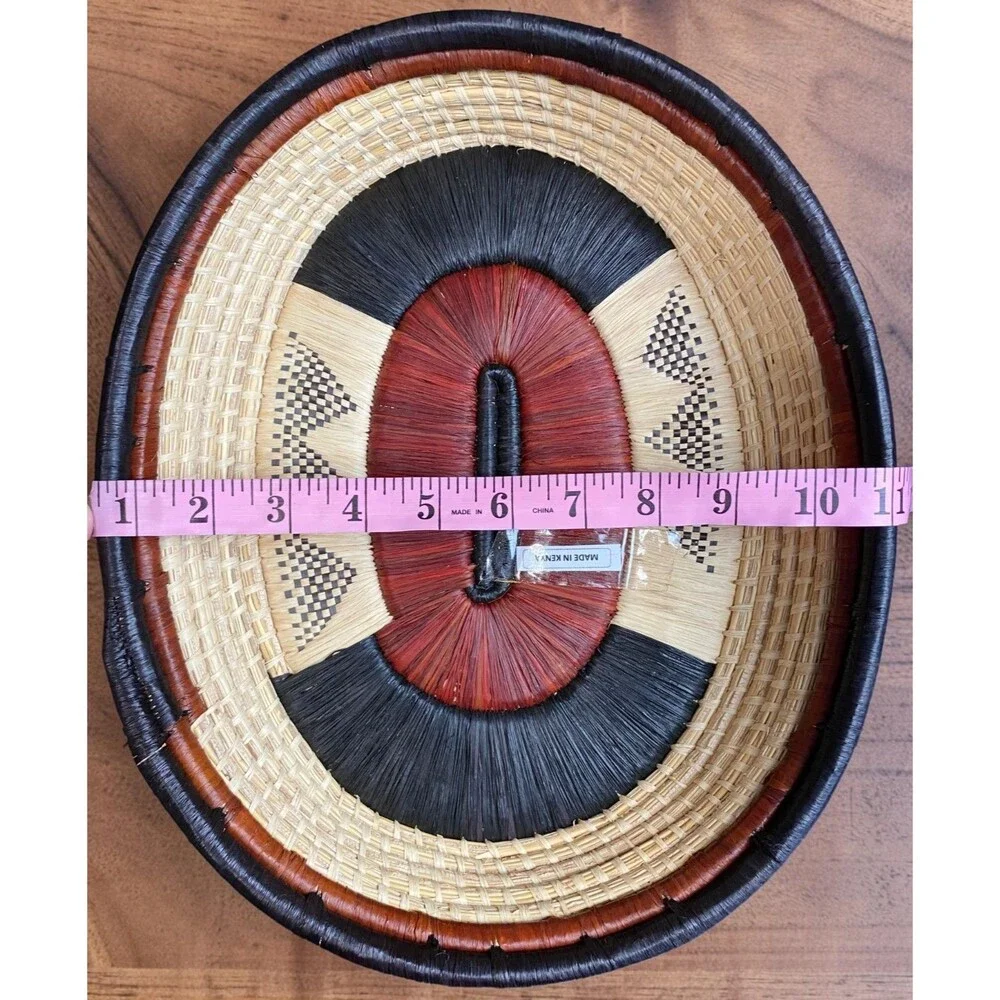 Handmade Kenyan Woven Sisal Basket 11x13 Oval Geometric Boho Bread Bowl Wall Art